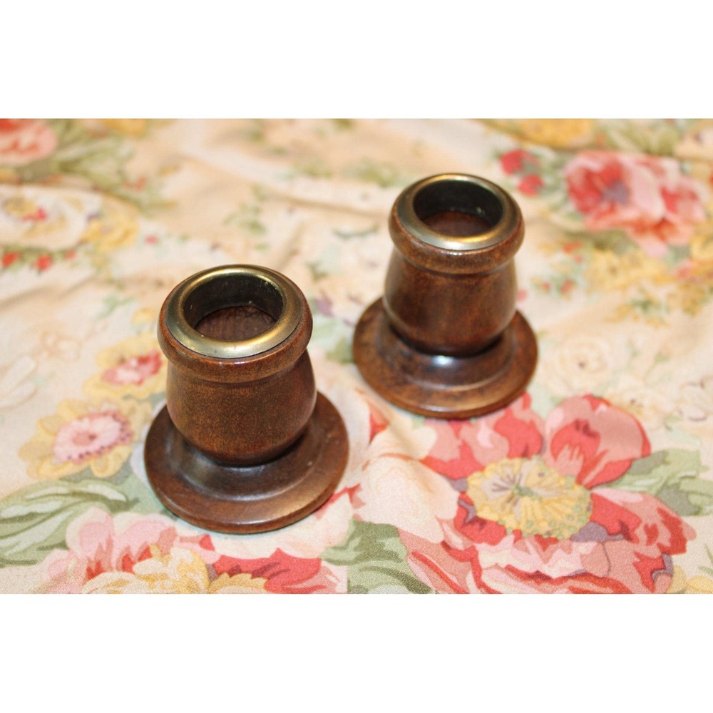 Mid Century Modern Pair of Wood and Brass Candleholders MCM